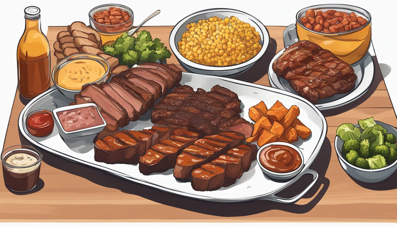 A table with plates of BBQ meats, sides, and sauces, accompanied by a chart displaying calorie and macro breakdowns