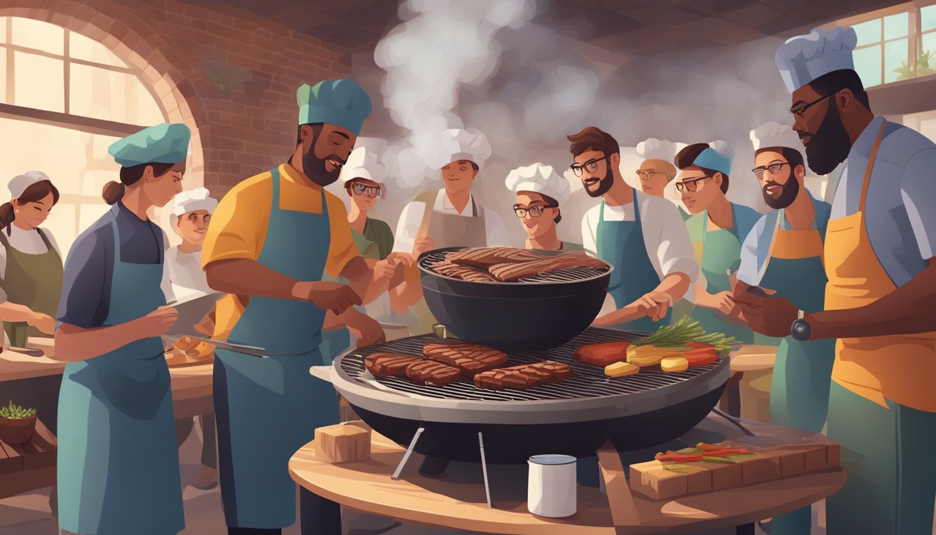 A group of students and teachers gather around a smoking barbecue pit, learning and cooking together in a culinary workshop