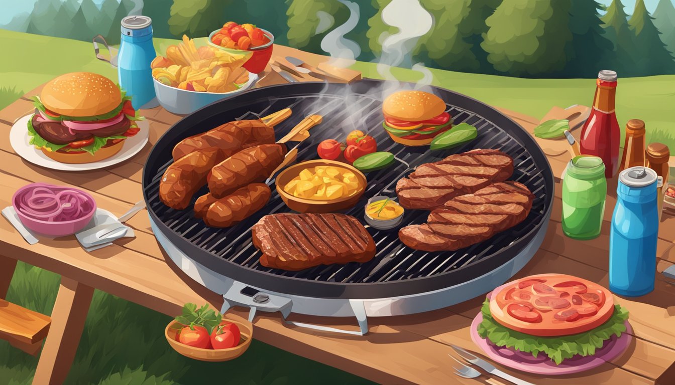 A colorful outdoor BBQ setting with meat-themed clothing and accessories displayed on a picnic table, surrounded by grill smoke and food