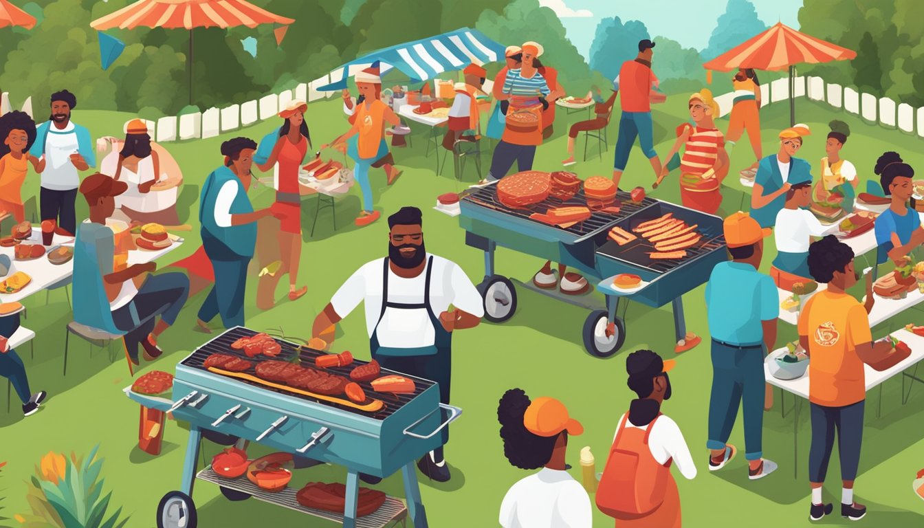 A vibrant outdoor BBQ setting with people wearing meat-themed clothing and accessories, surrounded by grills, picnic tables, and festive decorations