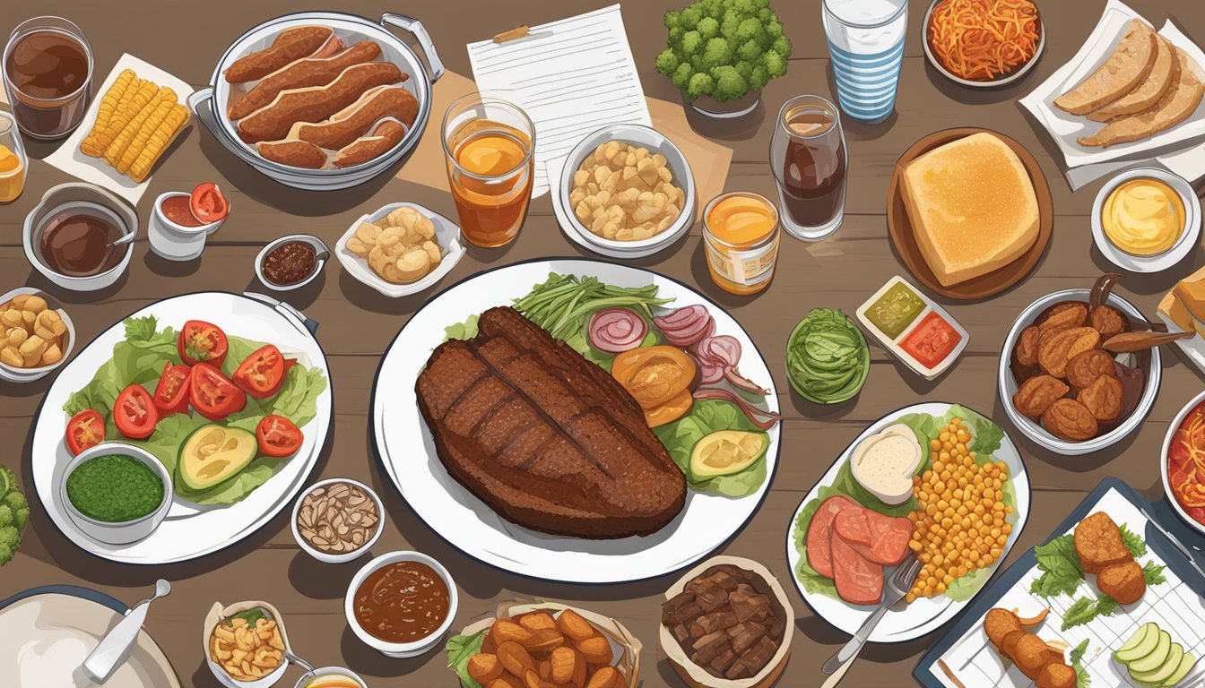 A table with a plate of BBQ food, surrounded by various nutritional resources such as charts, graphs, and food labels