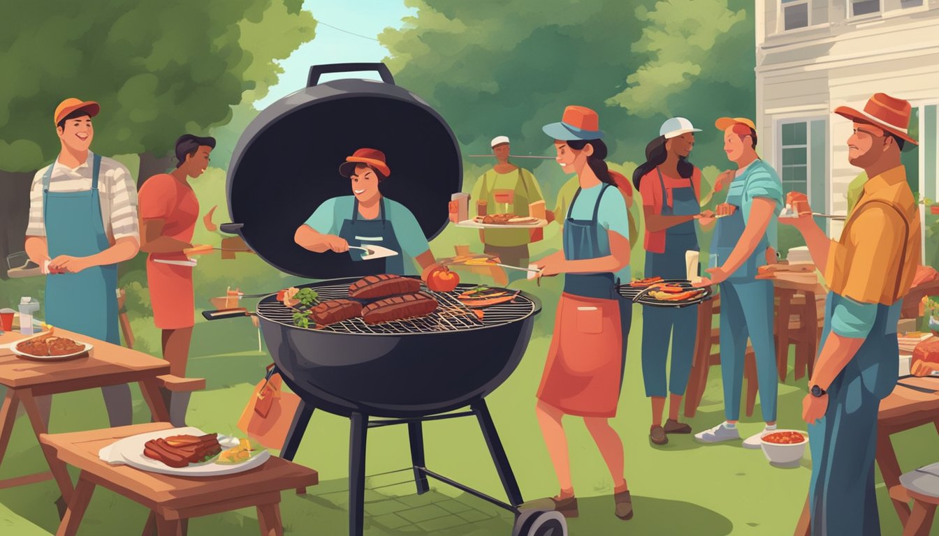 A backyard barbecue with people wearing meat-themed clothing and accessories. Grilling, eating, and socializing in a relaxed atmosphere