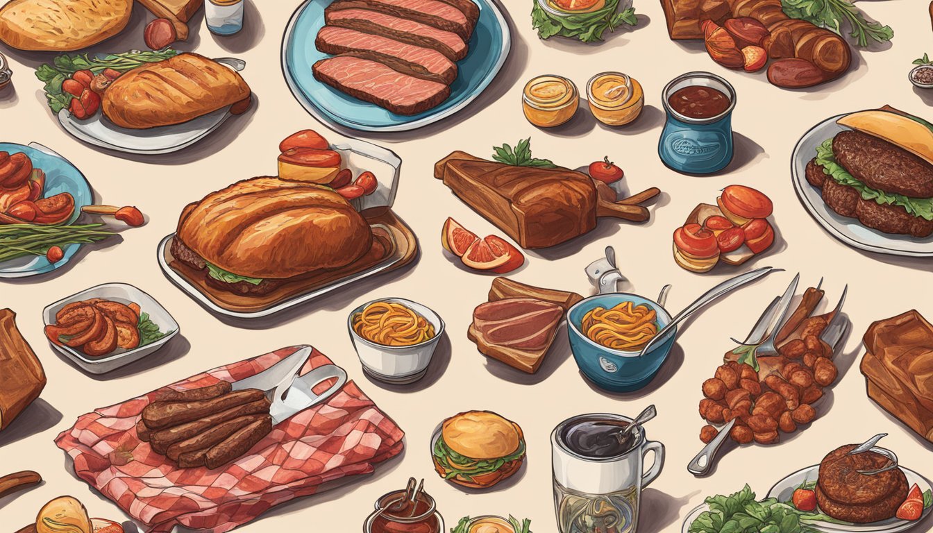 A vibrant display of meat-themed clothing and accessories, featuring bold patterns and BBQ-inspired designs