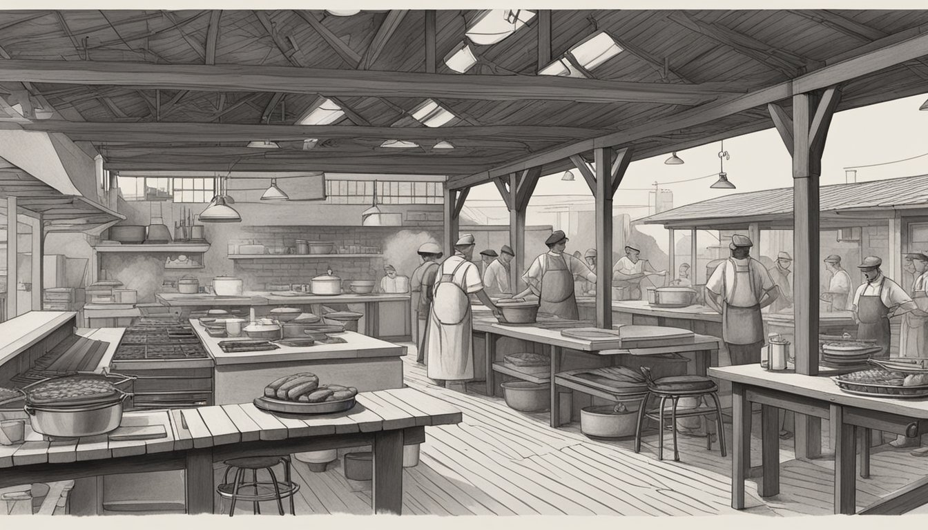 The scene depicts a bustling barbecue venue with outdoor cooking stations and a workshop area for culinary programs. A sign advertises the role of BBQ in Lockhart's education system