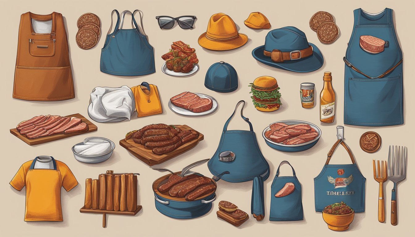 A vibrant display of meat-themed clothing and accessories, including BBQ-inspired t-shirts, aprons, hats, and accessories, arranged in a stylish and eye-catching manner