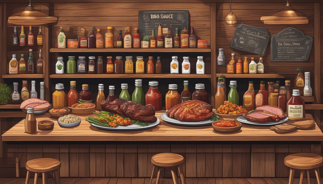 A rustic wooden table displays various BBQ sauce bottles, surrounded by sliced meats, vegetables, and spices. A tasting guide chart hangs on the wall