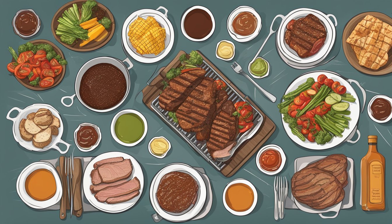 A table set with various BBQ sauces, surrounded by different types of grilled meats and vegetables, accompanied by a chart detailing flavor profiles and suggested pairings