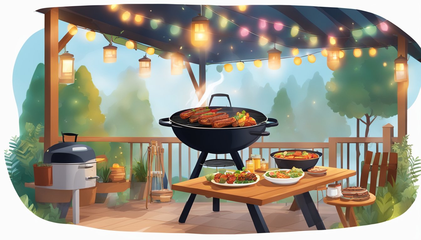 A table laden with various BBQ dishes, smoke rising from the grill, surrounded by a lively outdoor setting with a canopy and string lights