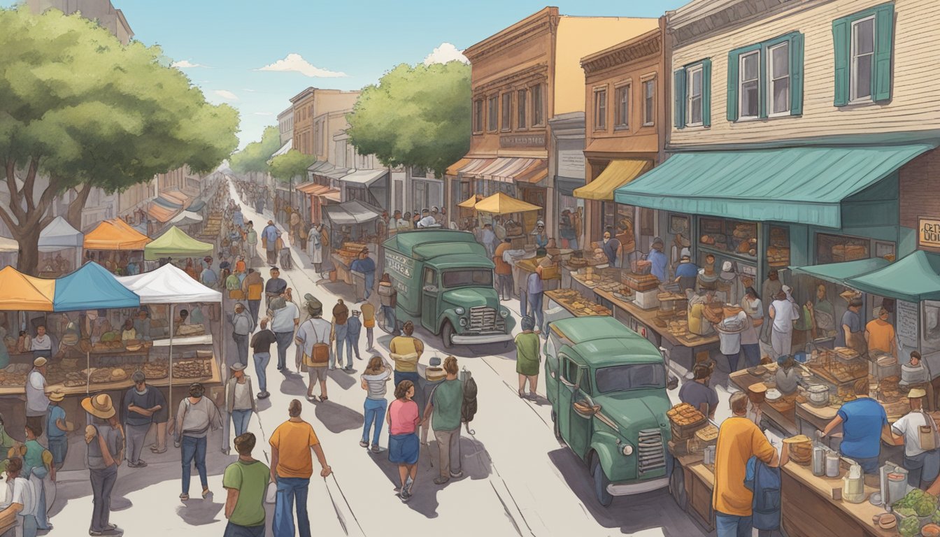 A bustling street in Lockhart, with smoke rising from BBQ food trucks and people lining up for a taste of the city's rich barbecue history