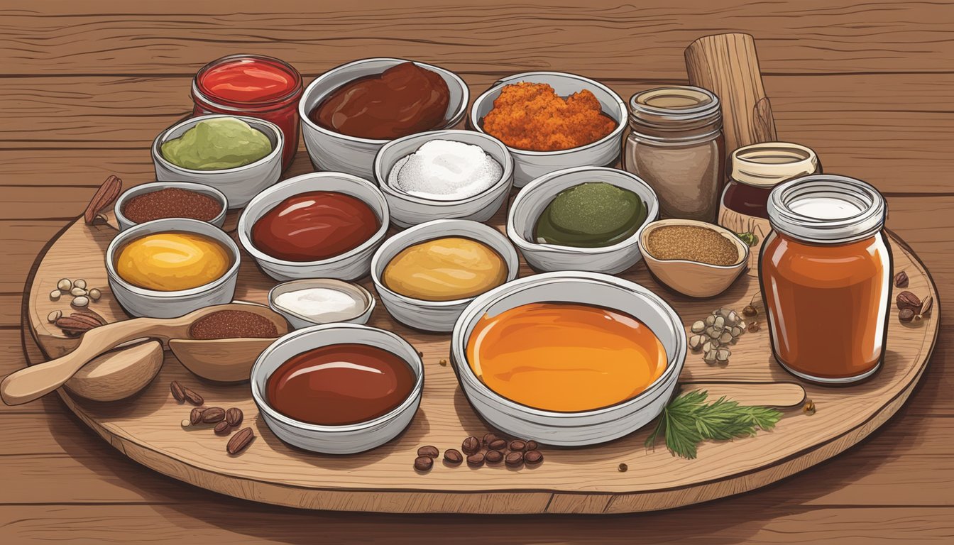 A wooden table with various BBQ sauces, spices, and meats arranged for a tasting guide. Labels indicate flavor profiles and suggested pairings