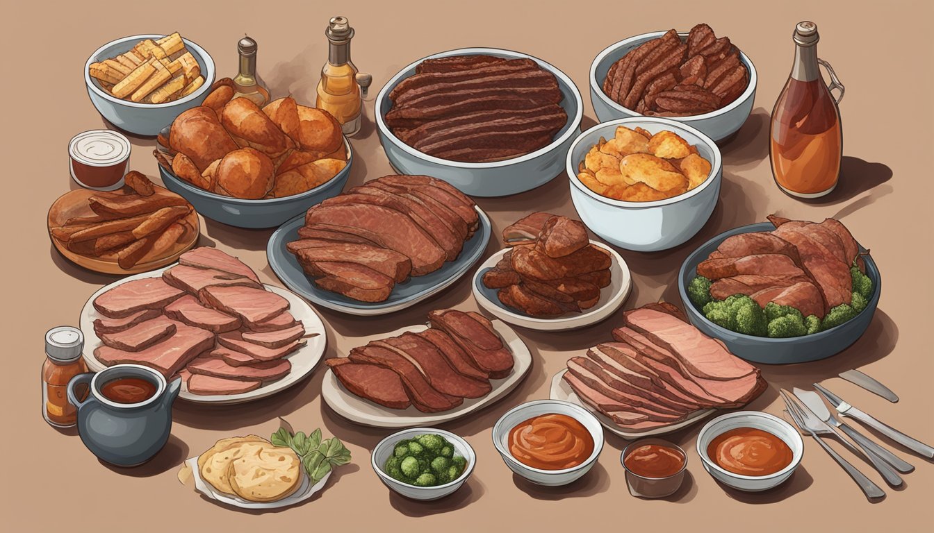 A table filled with various cuts of smoked meats, surrounded by barbecue sauces and sides, with a smoky haze in the air