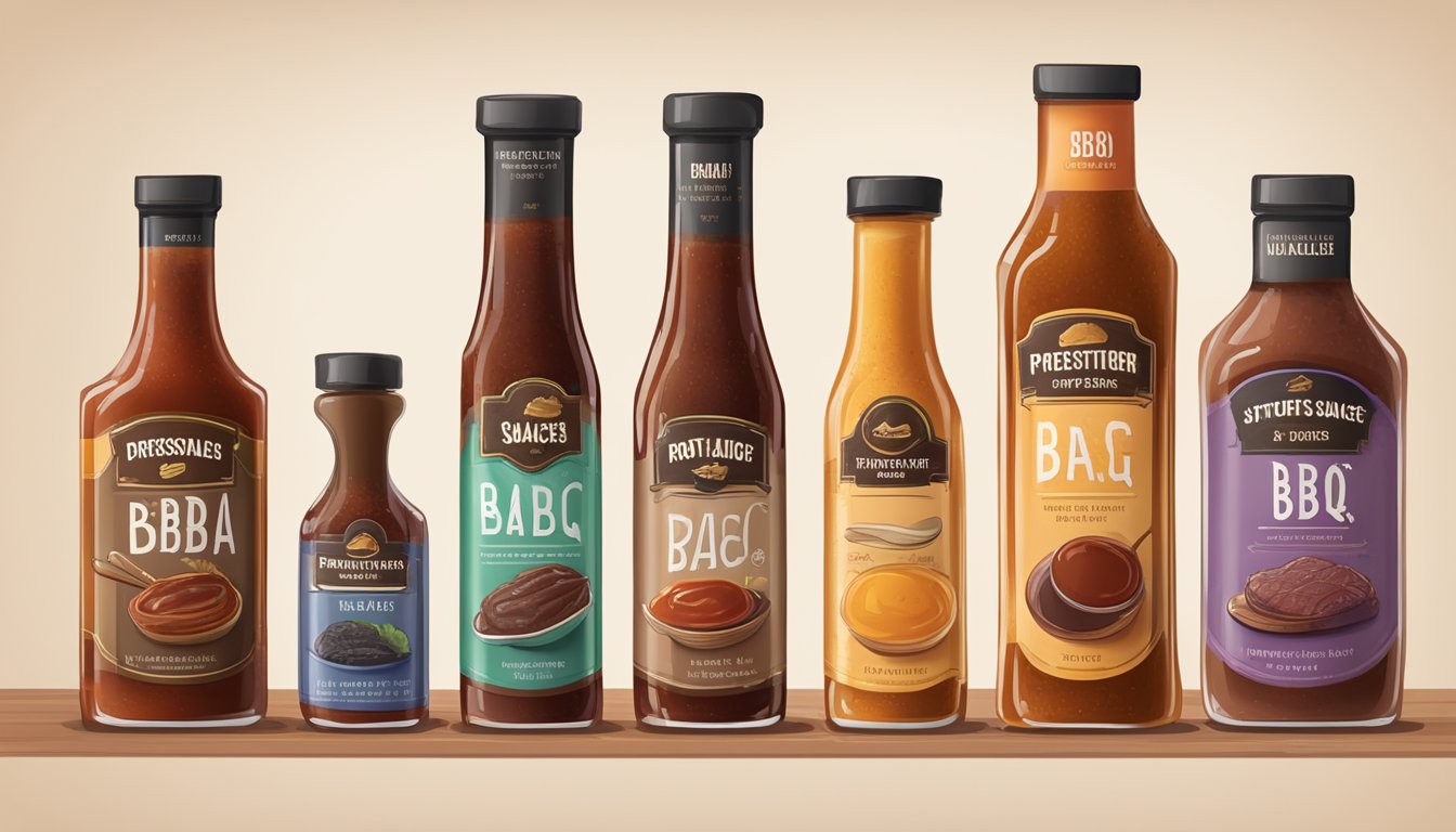 A variety of BBQ sauces in different textures and consistencies, with flavor profiles and pairing suggestions displayed on a table