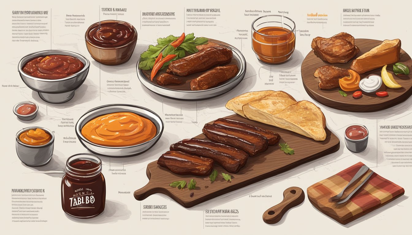 A table with various BBQ sauces and food pairings, surrounded by tasting notes and flavor profiles