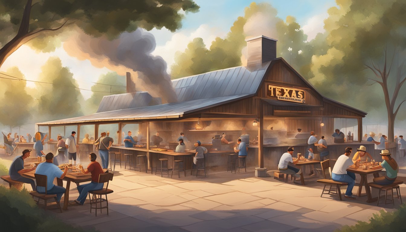 A rustic Texas BBQ joint with smoke billowing from the pit, surrounded by picnic tables and happy diners enjoying the ultimate BBQ experience