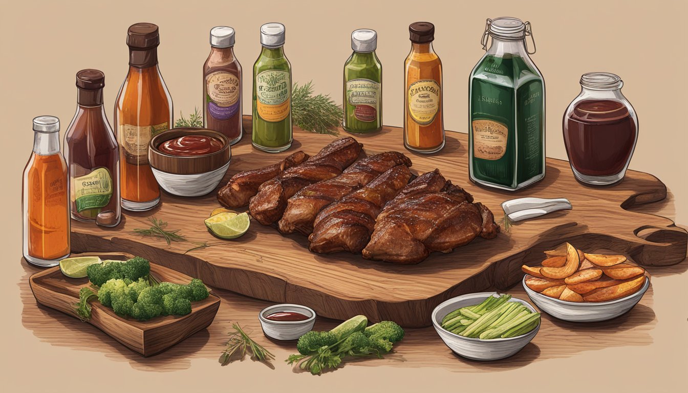 A spread of various grilled meats and vegetables with Lockhart BBQ sauce bottles and tasting notes on a wooden table