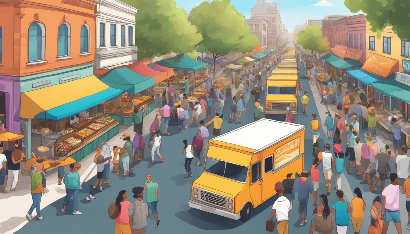 A bustling street lined with colorful food trucks serving up savory barbecue dishes, surrounded by a crowd of hungry locals and visitors alike