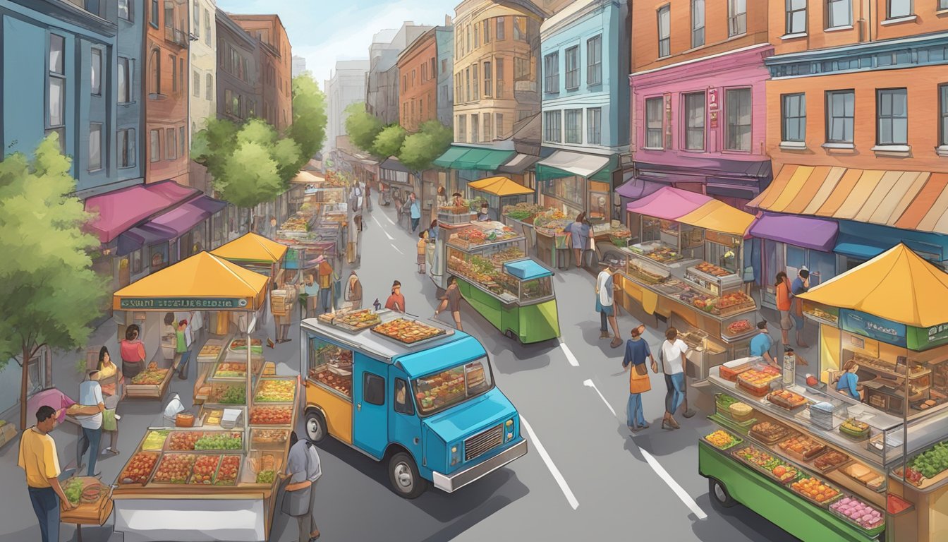 A bustling street lined with colorful BBQ food trucks, surrounded by eco-friendly packaging and sustainable practices