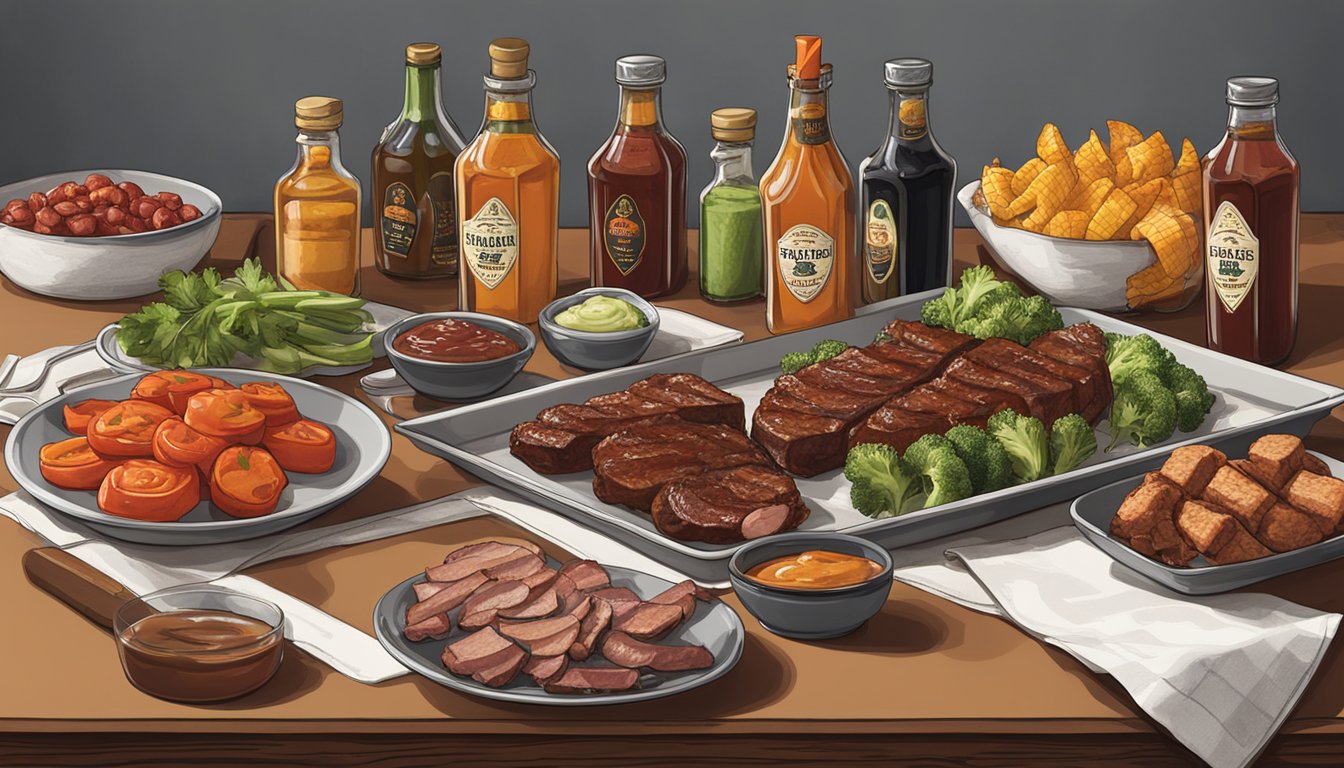 A table set with various BBQ meats, vegetables, and condiments, with Lockhart Sauce bottles and tasting glasses arranged for a flavor pairing demonstration