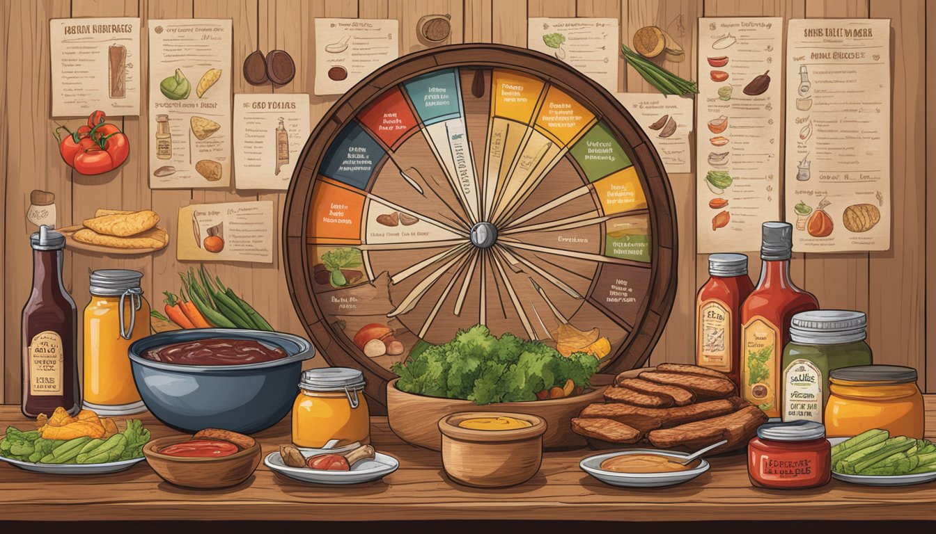 A rustic wooden table displays various BBQ sauces, alongside a spread of grilled meats, vegetables, and condiments. A hand-drawn flavor wheel and pairing guide hang on the wall behind