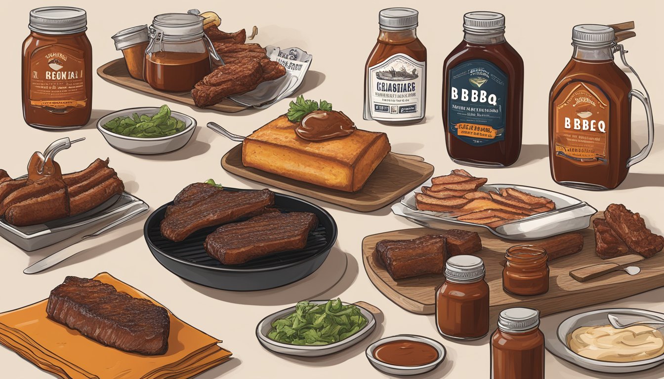 A table displays Lockhart BBQ merchandise and a tasting guide, with various BBQ sauce bottles and flavor profile descriptions