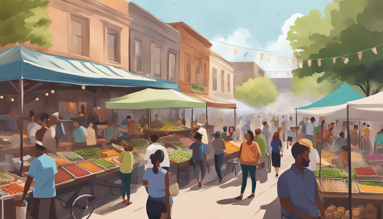 A bustling outdoor market with colorful food stalls, smoke rising from grills, and people enjoying plant-based BBQ options in Lockhart