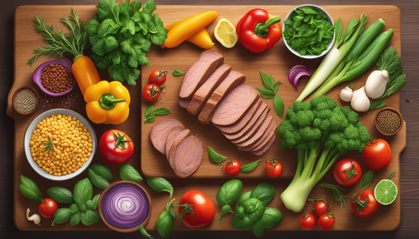 A colorful array of fresh vegetables and plant-based meat alternatives arranged on a wooden cutting board, surrounded by vibrant herbs and spices