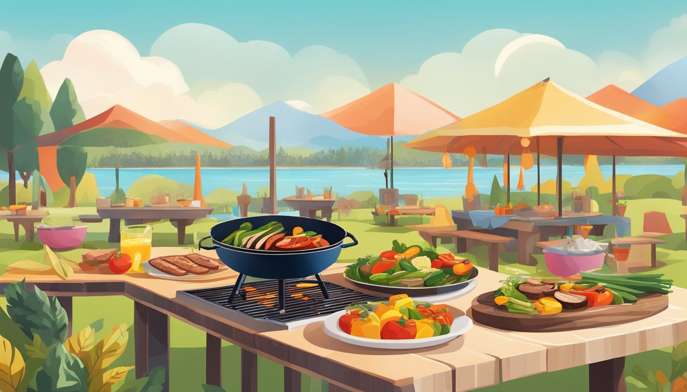 A colorful spread of grilled vegetables and plant-based meats sizzling on a BBQ grill, surrounded by outdoor picnic tables and a sunny blue sky