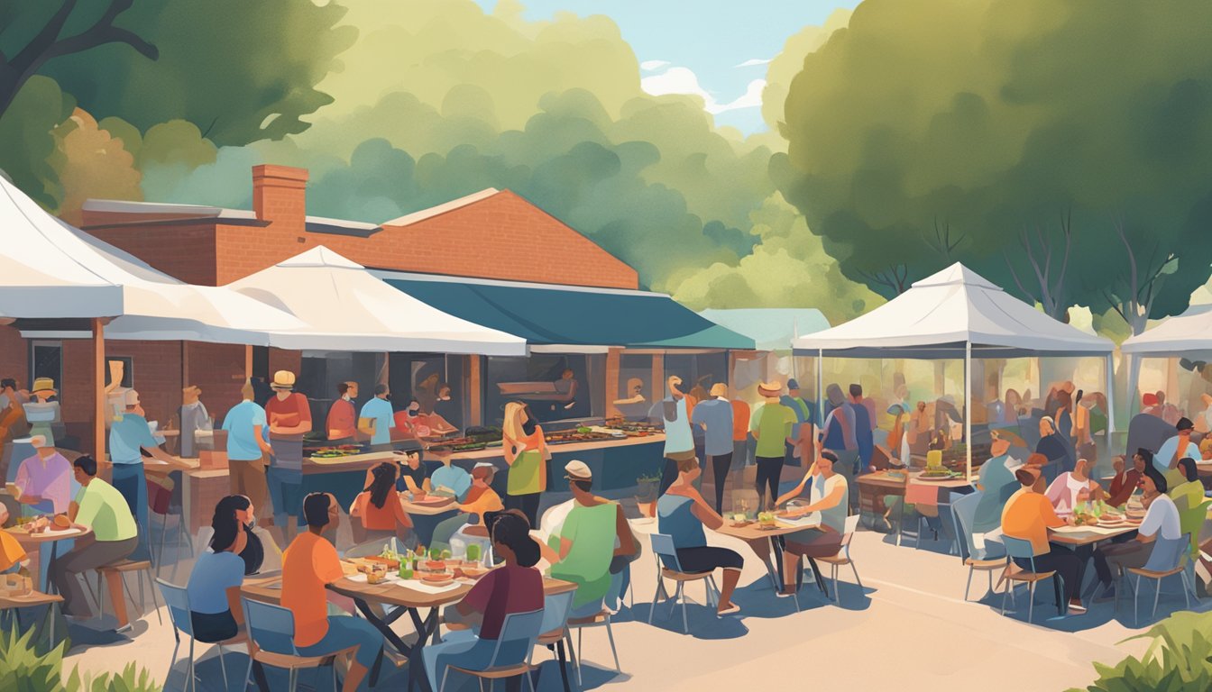 A bustling outdoor BBQ event with sizzling plant-based meats on the grill, surrounded by picnic tables filled with eager diners enjoying vegan BBQ in Lockhart