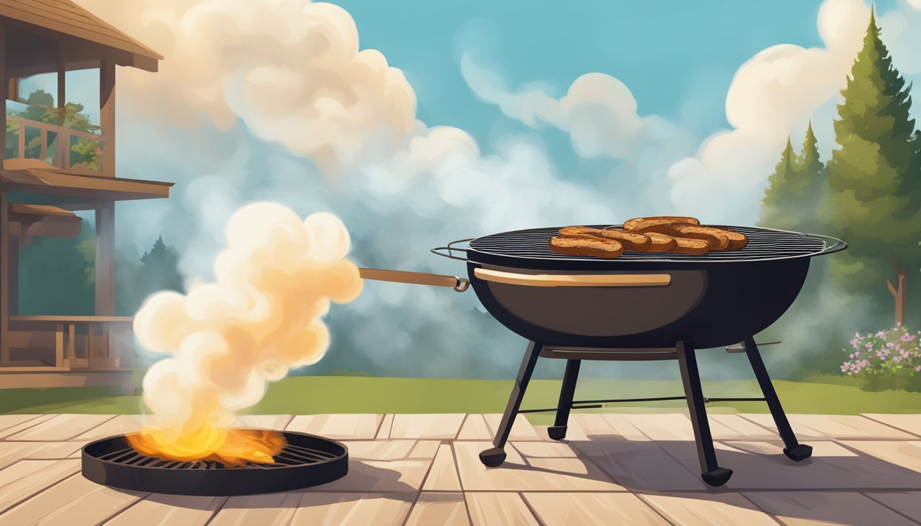 A billowing plume of smoke curls into a perfect ring, suspended in the air above a sizzling barbecue grill