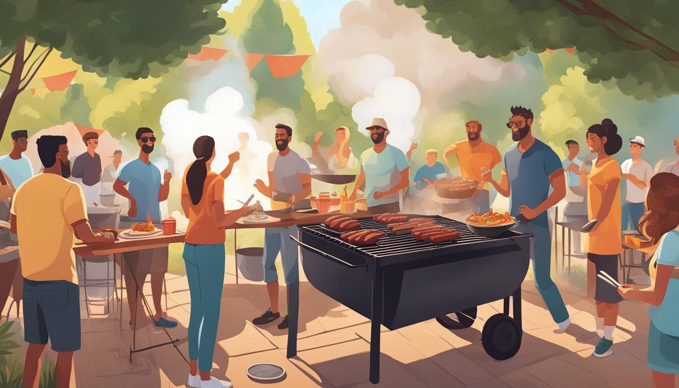 A backyard barbecue with billowing smoke rings rising from the grill, surrounded by eager onlookers and the tantalizing aroma of sizzling meat