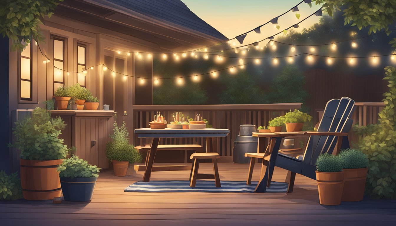 A cozy outdoor patio with wooden Adirondack chairs, a rustic picnic table, and a vintage BBQ grill surrounded by potted herbs and string lights