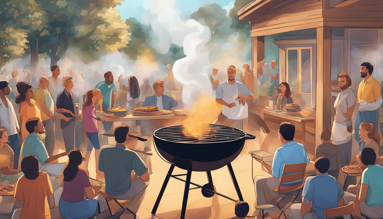 A barbecue grill emitting perfect smoke rings, surrounded by people captivated by the mesmerizing patterns in the air