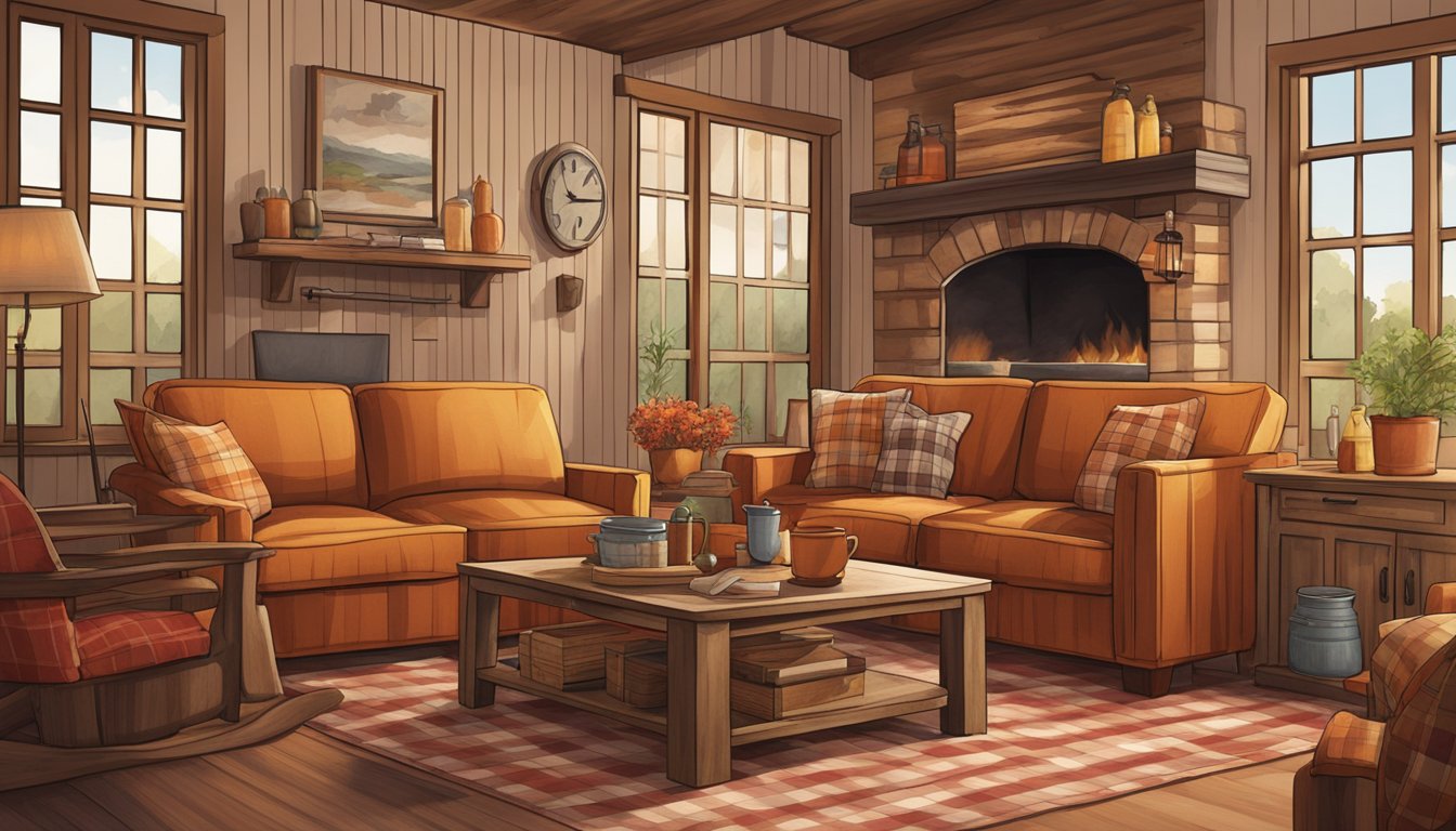 A cozy living room with warm tones of brown, red, and orange, featuring rustic wood furniture, plaid patterns, and vintage BBQ-themed decor