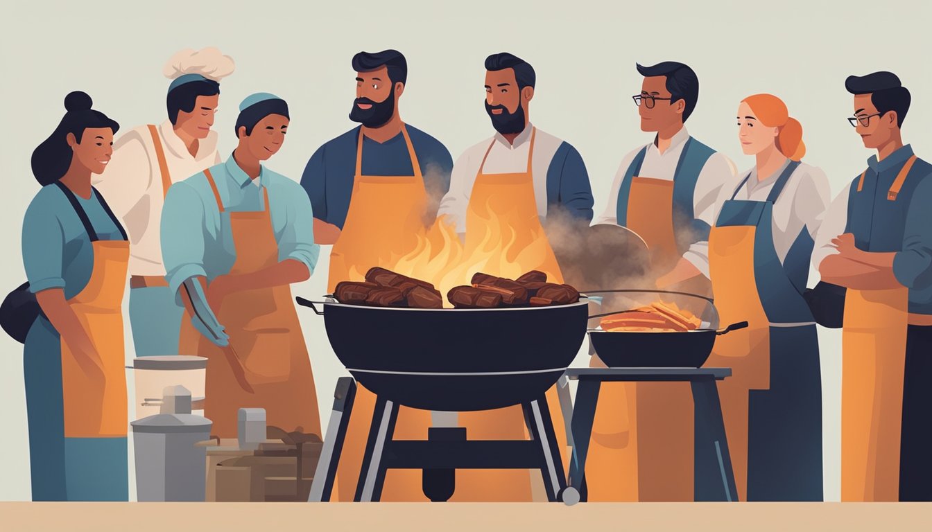 A group of apprentices gather around a smoky barbecue pit, watching intently as the masters demonstrate the art of slow-cooking meats over open flames