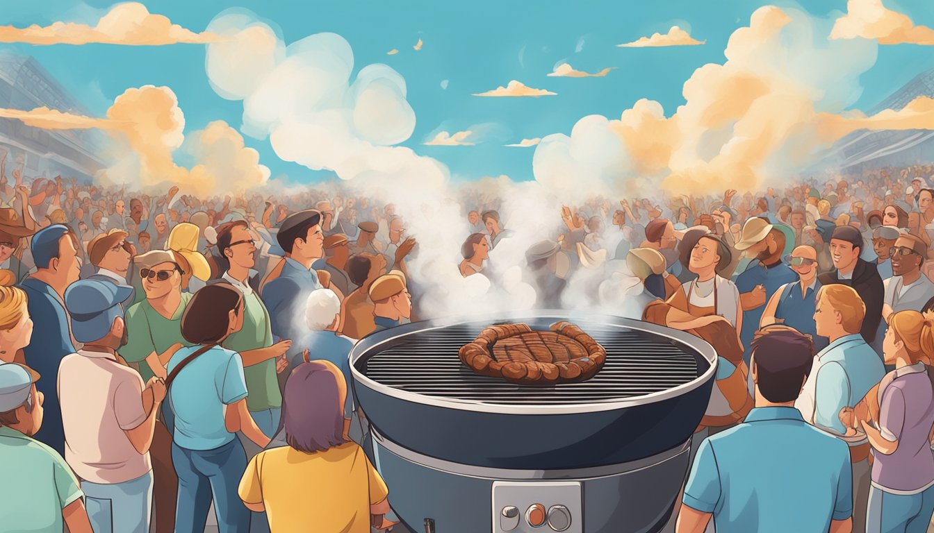 A barbecue grill emitting perfectly formed smoke rings against a blue sky, with a mesmerized crowd watching in awe