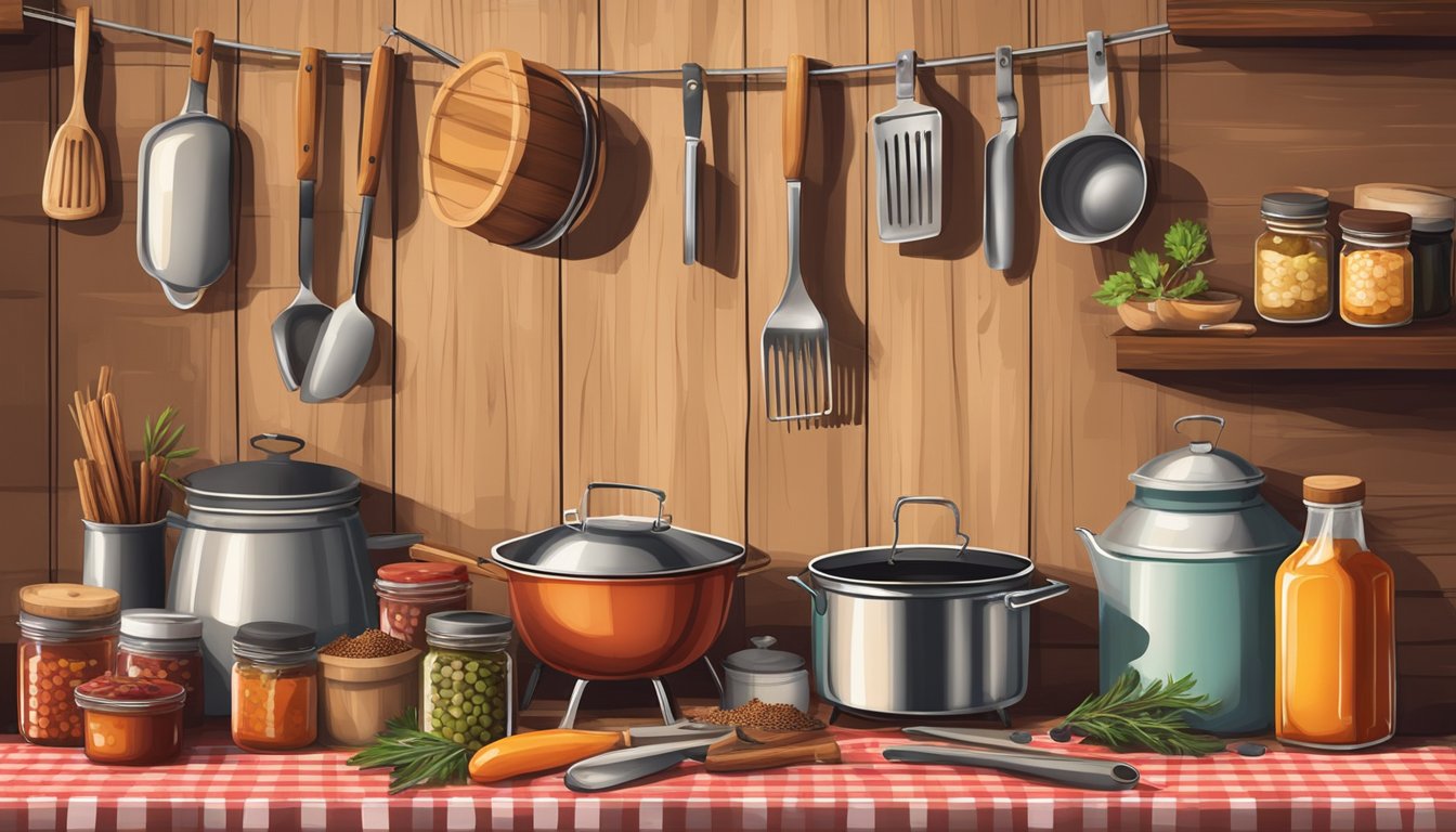 A rustic kitchen adorned with BBQ-themed decor: vintage grilling utensils hanging on the wall, checkered tablecloth, and a shelf of barbecue sauces and spices