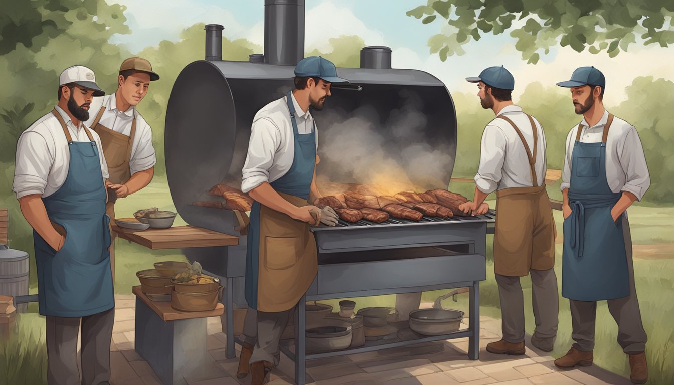 A group of apprentices gather around a large outdoor smoker, watching the masters carefully tend to the meat, absorbing their knowledge and techniques