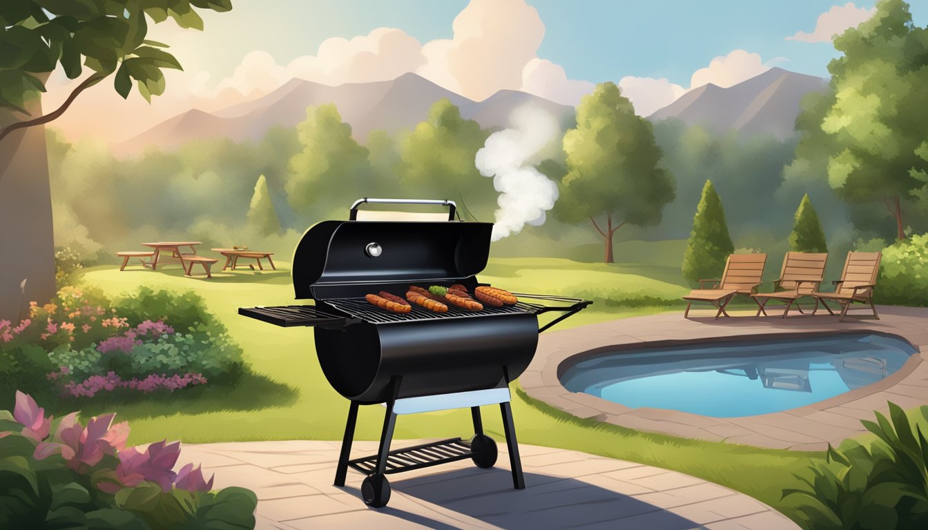 A backyard barbecue with smoke rising in perfect rings, surrounded by lush greenery and a serene atmosphere