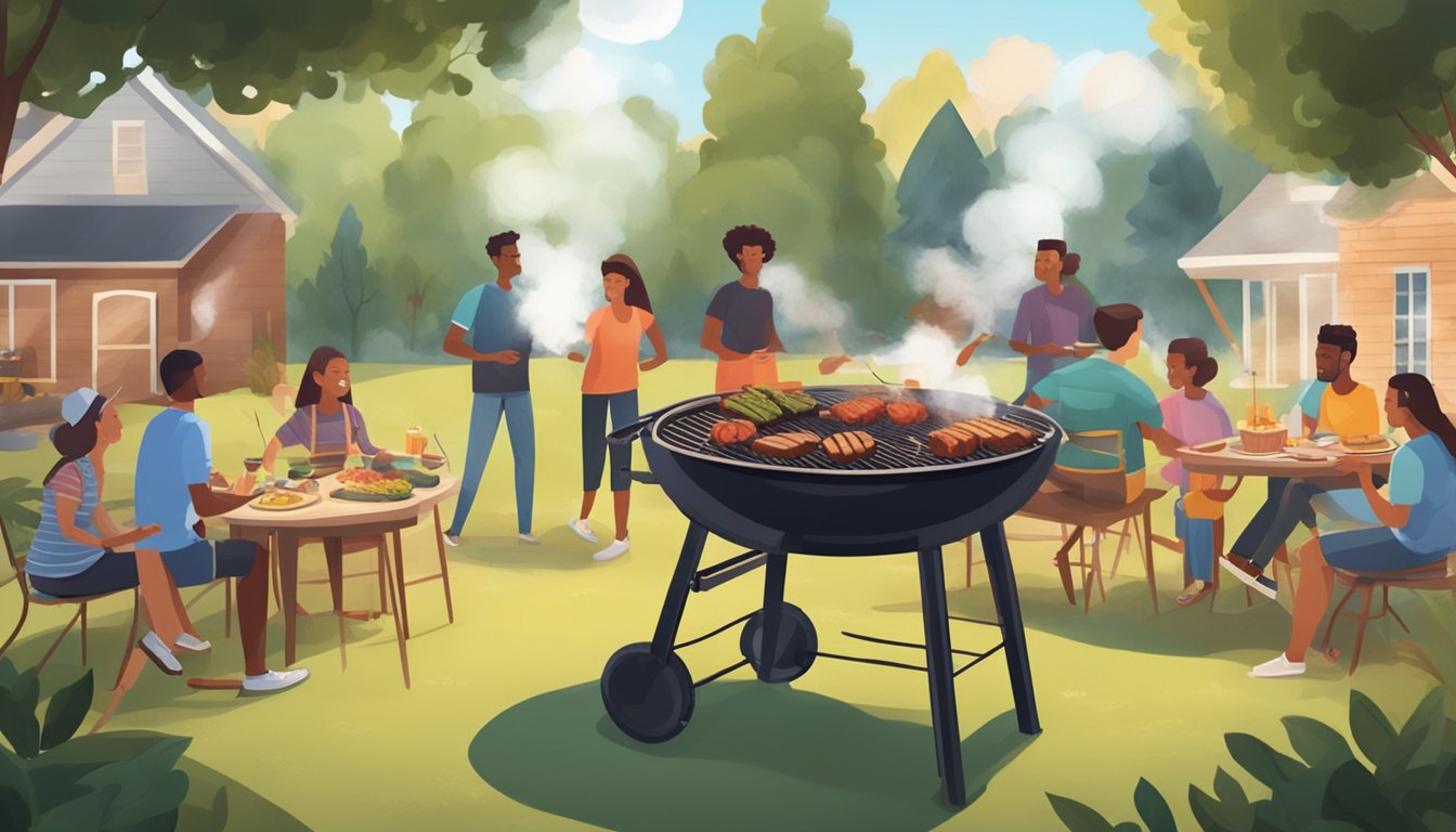 A backyard barbecue with smoke rings swirling from the grill, surrounded by friends and family enjoying a balanced and relaxed atmosphere