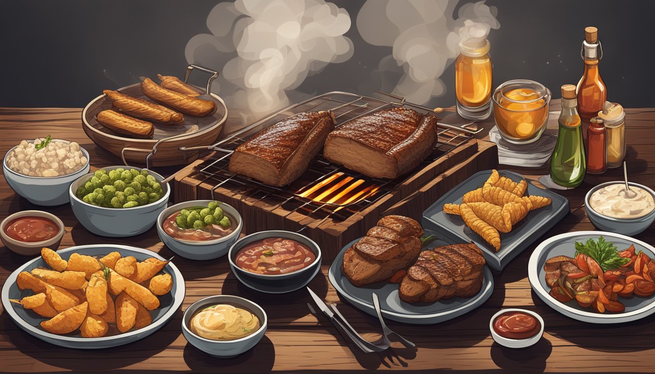 A spread of mouthwatering BBQ dishes and sides arranged on a rustic wooden table, with smoke rising from the grill in the background