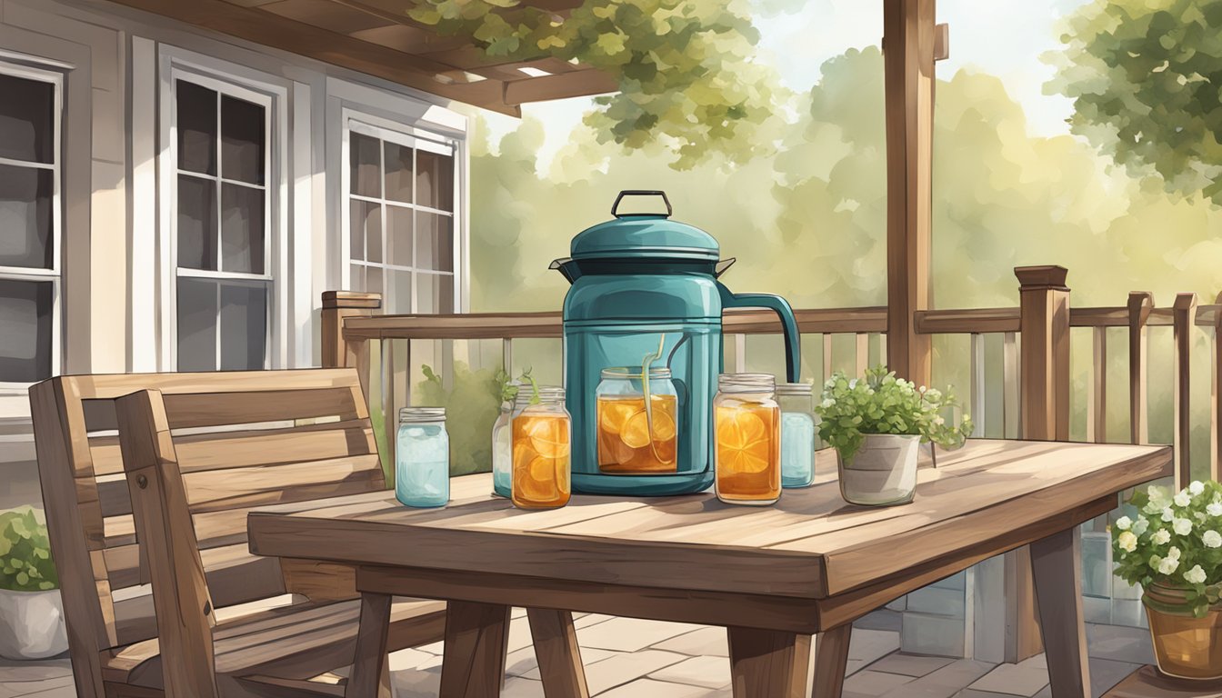 A cozy backyard patio with BBQ grill, wooden furniture, and rustic decor. A pitcher of iced tea and mason jar glasses sit on the table