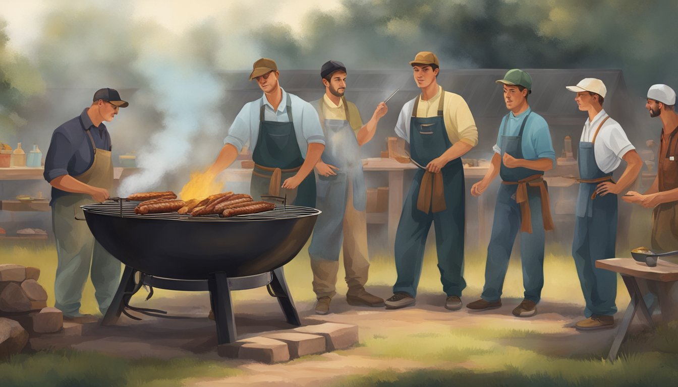 A group of apprentices gather around a smoky barbecue pit, watching as the masters demonstrate their techniques with precision and expertise