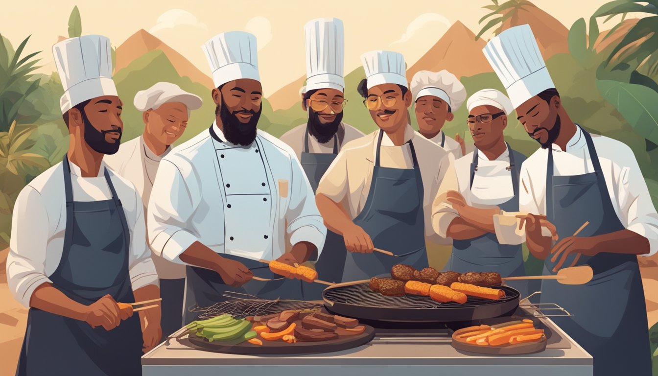 A group of chefs from different cultural backgrounds gather around a smoking BBQ pit, exchanging techniques and recipes as they learn from experienced masters