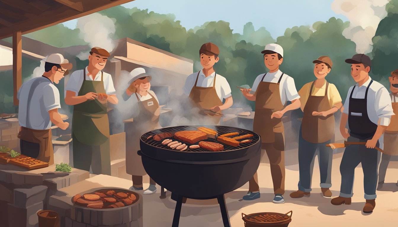 A group of apprentices gather around a smoky BBQ pit, learning from the masters at Lockhart's. The air is filled with the aroma of sizzling meat and the sound of sizzling flames