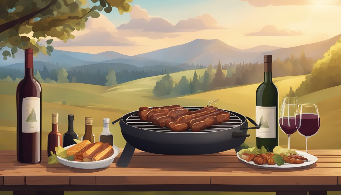 A rustic barbecue pit with smoky meats and a selection of fine wines displayed on a wooden table in a cozy outdoor setting