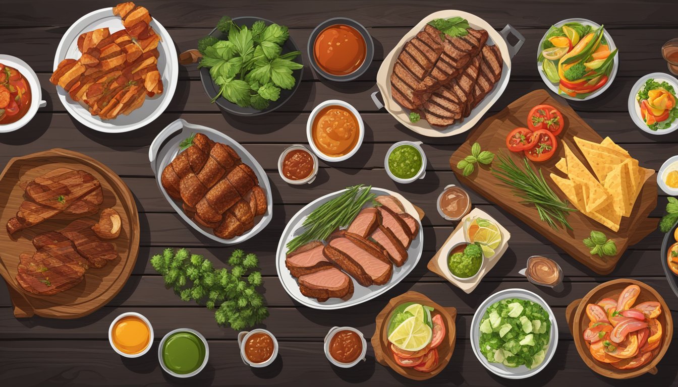 A rustic wooden table with a spread of BBQ platters, featuring perfectly grilled meats, vibrant sides, and garnished with fresh herbs and colorful sauces