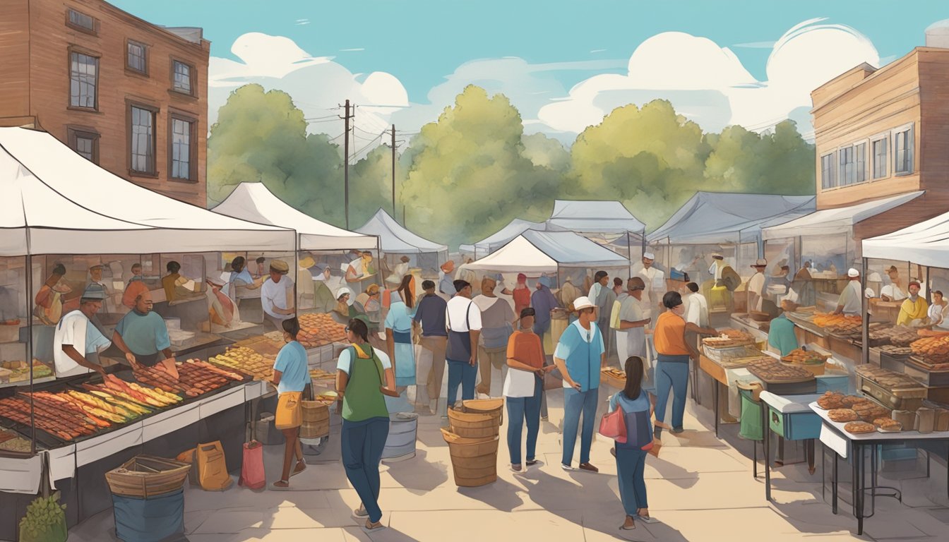 A bustling outdoor market with various BBQ vendors showcasing their unique cooking techniques and flavors. Smoke billows from the grills as customers sample and purchase the delicious offerings