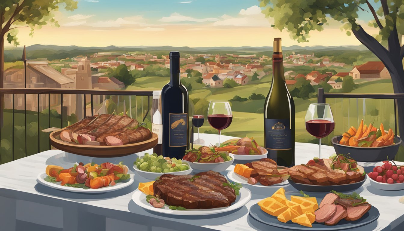 A rustic outdoor barbecue event with wine pairings, featuring a variety of grilled meats and a selection of fine wines, set against the backdrop of the picturesque town of Lockhart