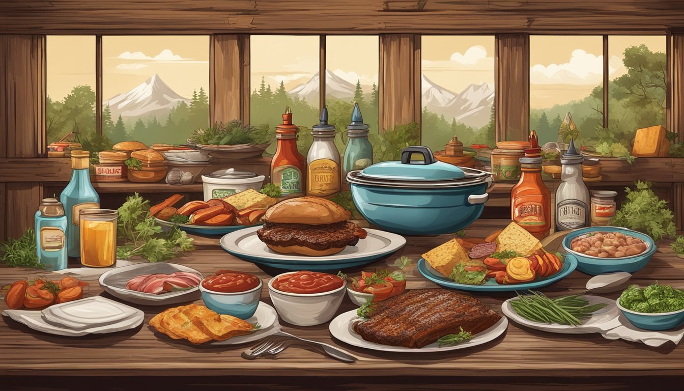 A rustic wooden table adorned with an assortment of beautifully plated BBQ dishes, garnished with fresh herbs and colorful sauces, set against a backdrop of vintage BBQ memorabilia and iconic symbols