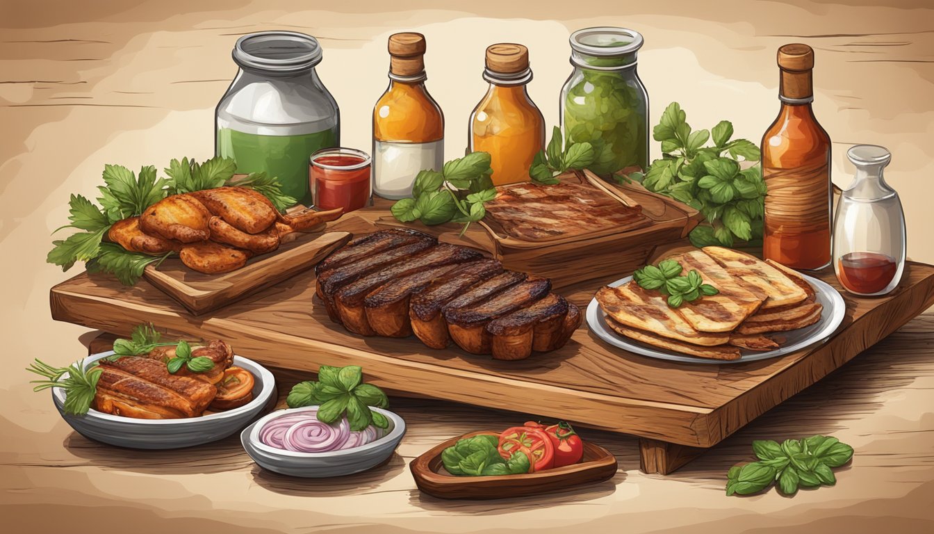 A rustic wooden table adorned with carefully arranged BBQ dishes, garnished with vibrant herbs and sauces, creating an inviting and appetizing display